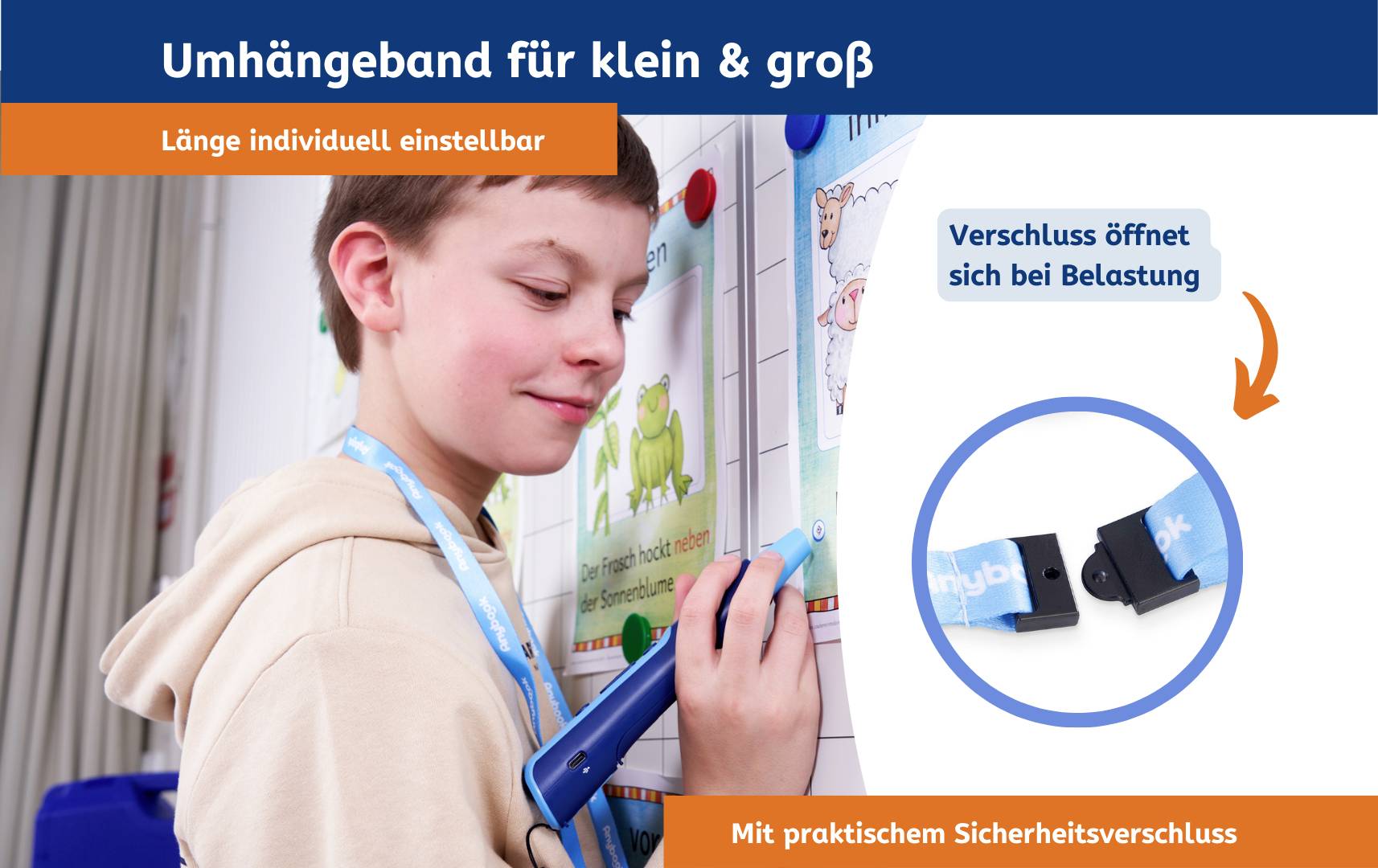 Ein Junge hängt eine Tasche auf ein Hakenbrett. Text auf Bild: 'Umhängeband für klein & groß', 'Verschluss öffnet sich bei Belastung'.