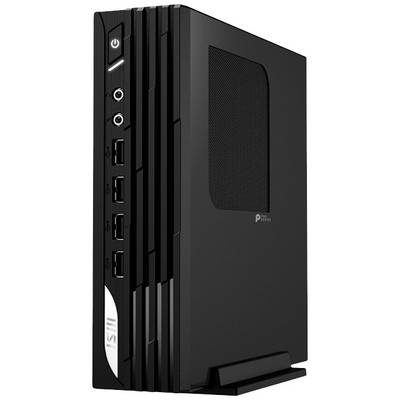 Ein kompakter schwarzer Computer im schlanken Design, steht vertikal auf einem Standfuß. Vorderseite zeigt Anschlüsse und Power-Button.