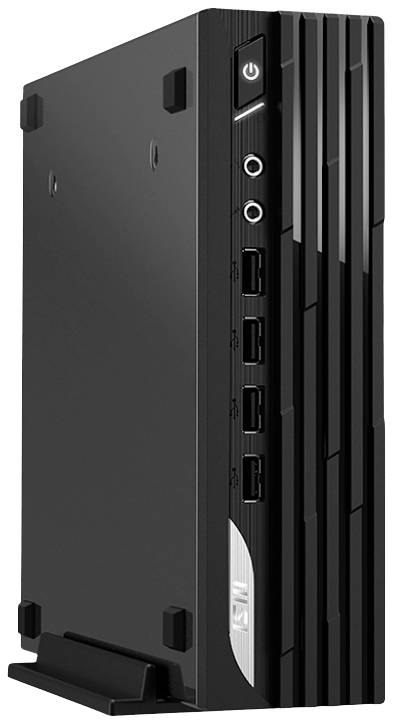 Schwarzer Mini-PC im vertikalen Stand, Vorderseite mit Anschlüssen: USB und Audio. Energieschalter oben sichtbar.