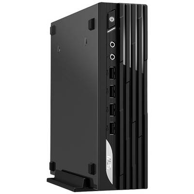 Schwarzer Mini-PC im vertikalen Stand, Vorderseite mit Anschlüssen: USB und Audio. Energieschalter oben sichtbar.