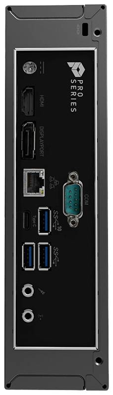 Rückseite eines Computergehäuses mit HDMI-, DisplayPort-, Ethernet-, USB-Anschlüssen und Audio-Eingängen. Markiert mit 'Pro Series'.