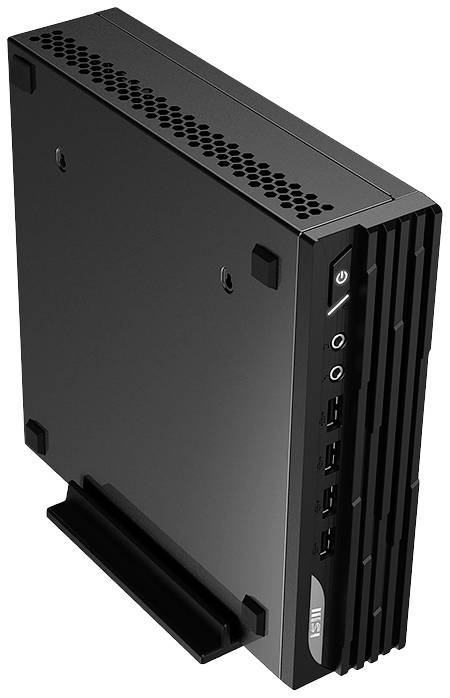 Schwarzer Mini-PC von MSI, in vertikaler Position mit verschiedenen Anschlüssen an der Vorderseite, geeignet für kompakte Arbeitsumgebungen.