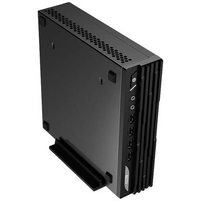 Schwarzer Mini-PC von MSI, in vertikaler Position mit verschiedenen Anschlüssen an der Vorderseite, geeignet für kompakte Arbeitsumgebungen.
