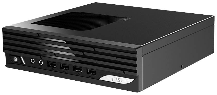 Ein kompakter, rechteckiger schwarzer Computer mit mehreren USB- und Audiobuchsen an der Vorderseite, sowie einem Netzschalter.