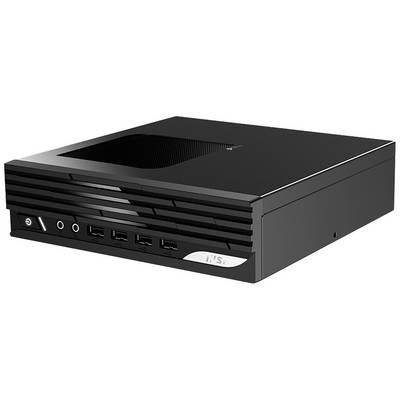 Ein kompakter, rechteckiger schwarzer Computer mit mehreren USB- und Audiobuchsen an der Vorderseite, sowie einem Netzschalter.