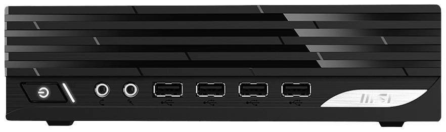 Ein schwarzer Mini-PC mit mehreren USB-Anschlüssen und Audioanschlüssen an der Vorderseite, geeignet für kompakte Computeranwendungen.