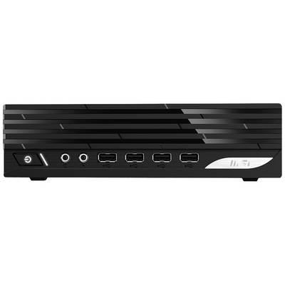 Ein schwarzer Mini-PC mit mehreren USB-Anschlüssen und Audioanschlüssen an der Vorderseite, geeignet für kompakte Computeranwendungen.