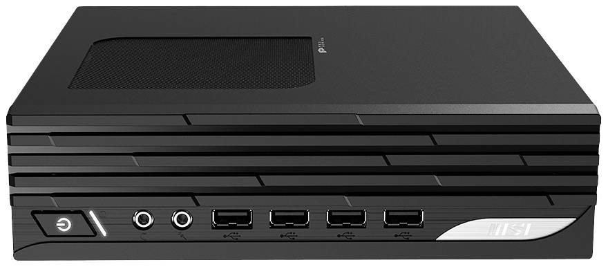 Ein kleiner schwarzer Computer mit mehreren USB-Anschlüssen und Audioanschlüssen an der Vorderseite.