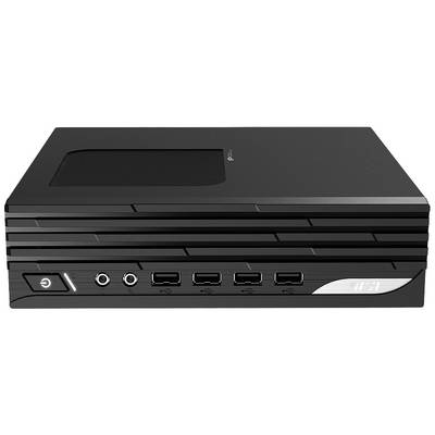 Ein kleiner schwarzer Computer mit mehreren USB-Anschlüssen und Audioanschlüssen an der Vorderseite.