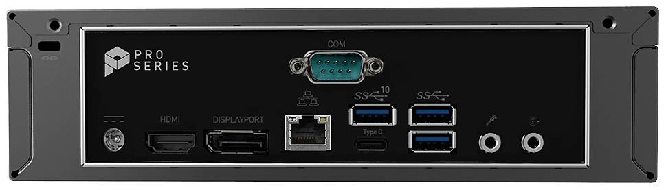Rückseite eines Computers: Ein-/Aus-Schalter, HDMI, DisplayPort, Ethernet, USB Typ-C, vier USB-Anschlüsse, zwei Audioanschlüsse.