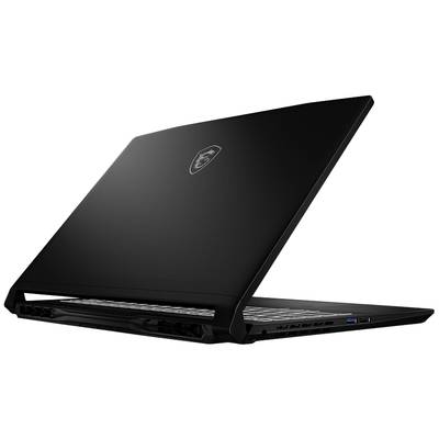 Schwarzer Laptop halb geöffnet, Rückansicht, zeigt Lüftungsschlitze und schlankes Design.