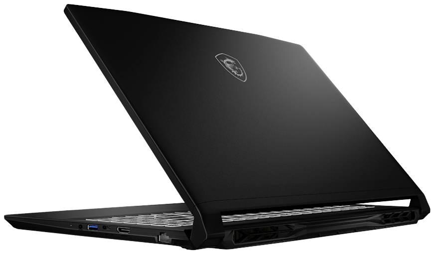 Ein schwarzer Laptop in seitlicher Ansicht, teilweise geöffnet. Auf der Rückseite ist ein Logo sichtbar.