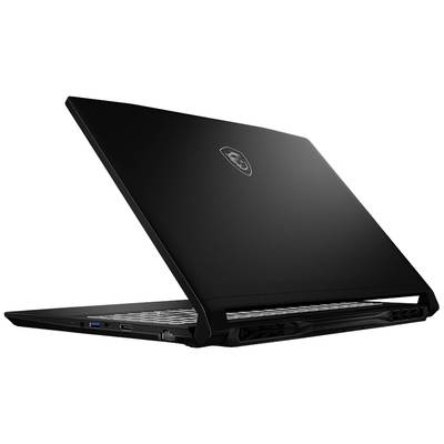 Ein schwarzer Laptop in seitlicher Ansicht, teilweise geöffnet. Auf der Rückseite ist ein Logo sichtbar.