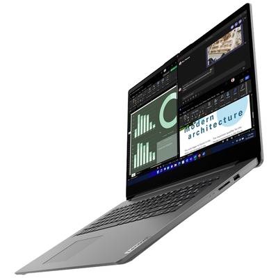Ein Laptop mit geöffnetem Bildschirm zeigt mehrere Fenster mit Grafiken und Text. Der Bildschirm ist geteilt zwischen einer Präsentation und einem Diagramm.