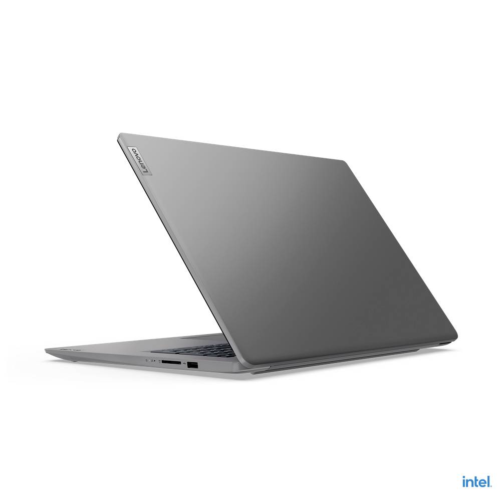 Ein grauer Laptop ist teilweise geöffnet und zeigt die schlanke Seite. Markenlogo unten rechts.