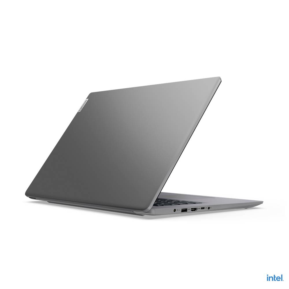 Silberner Laptop von der Seite gezeigt, geöffnet mit sichtbarer Tastatur. Markenlogo auf dem Laptopdeckel.
