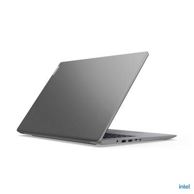 Silberner Laptop von der Seite gezeigt, geöffnet mit sichtbarer Tastatur. Markenlogo auf dem Laptopdeckel.