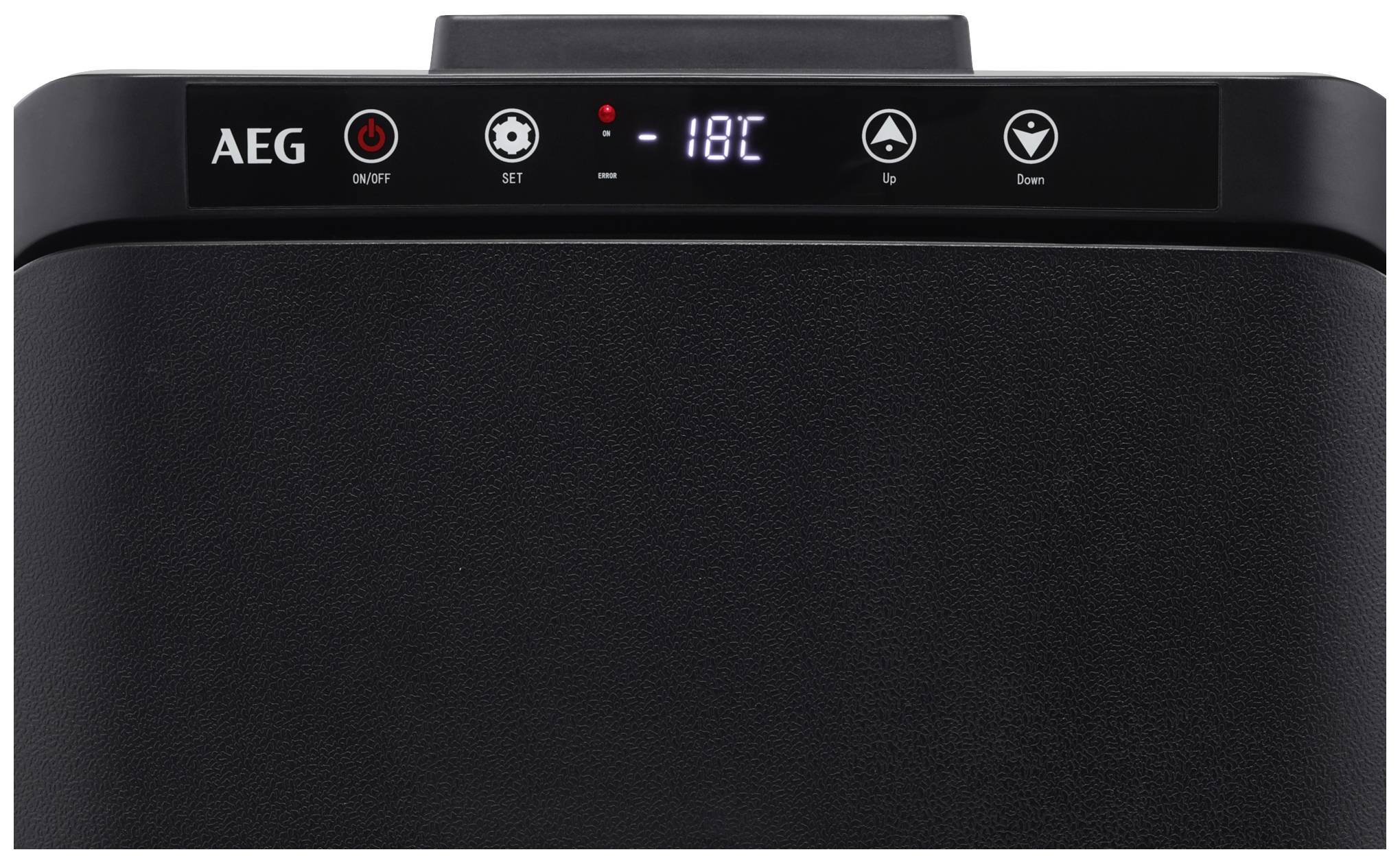 Gefrierschrank-Display zeigt '-18°C'; Tasten für Ein/Aus, Einstellungen, Temperatur hoch/runter. AEG-Logo sichtbar.