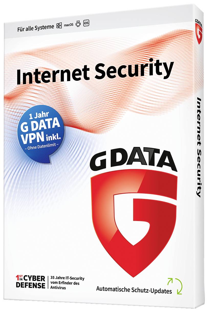 Verpackung einer Software 'G DATA Internet Security', bietet 1 Jahr VPN inklusive. Markenzeichen und Sicherheitshinweise sind sichtbar.