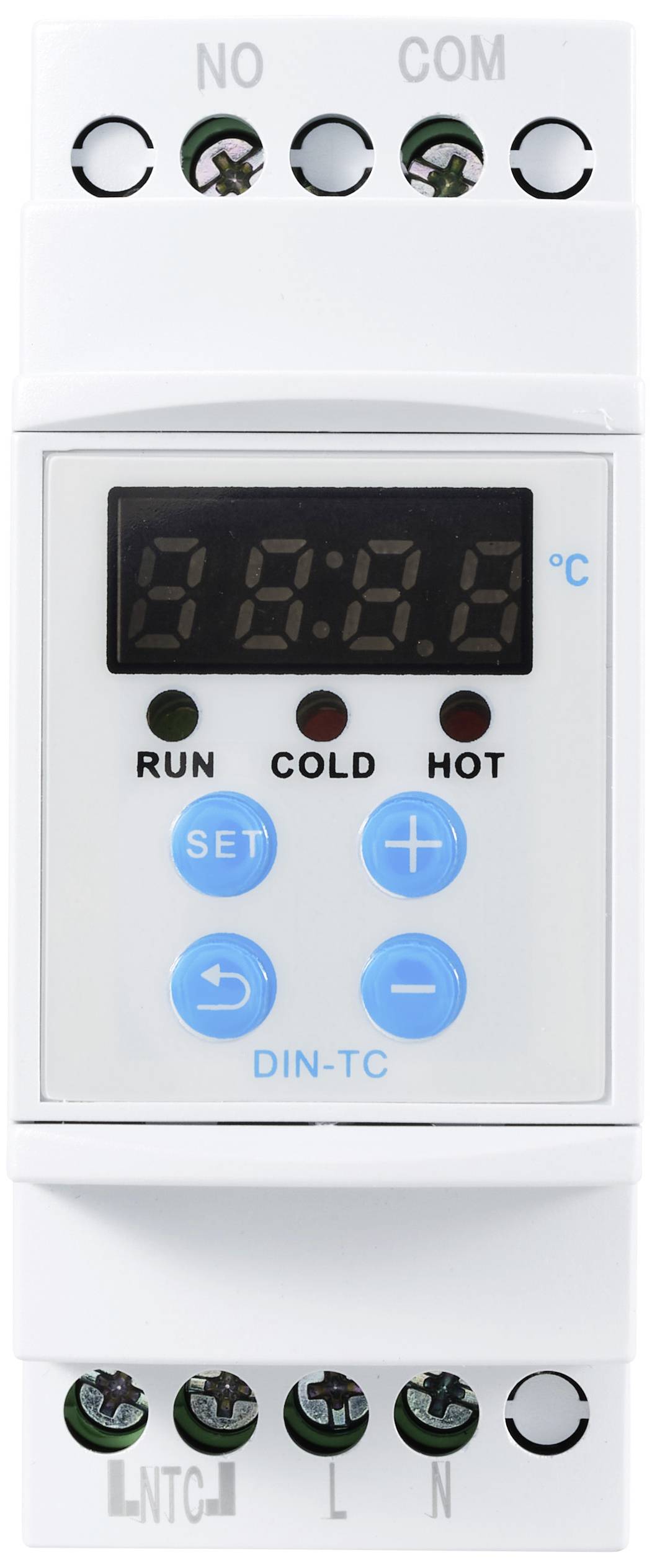 Digitaler DIN-Schienen-Thermostat mit Temperaturanzeige, Tasten für Einstellungen und Betriebsmodi (RUN, COLD, HOT).