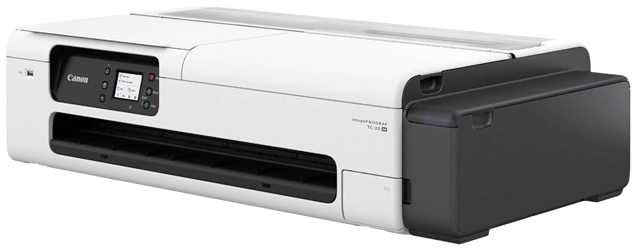 Ein weißer Drucker mit schwarzem Bedienfeld und Display. Der Drucker ist flach und modern gestaltet, geeignet für Büroumgebungen.