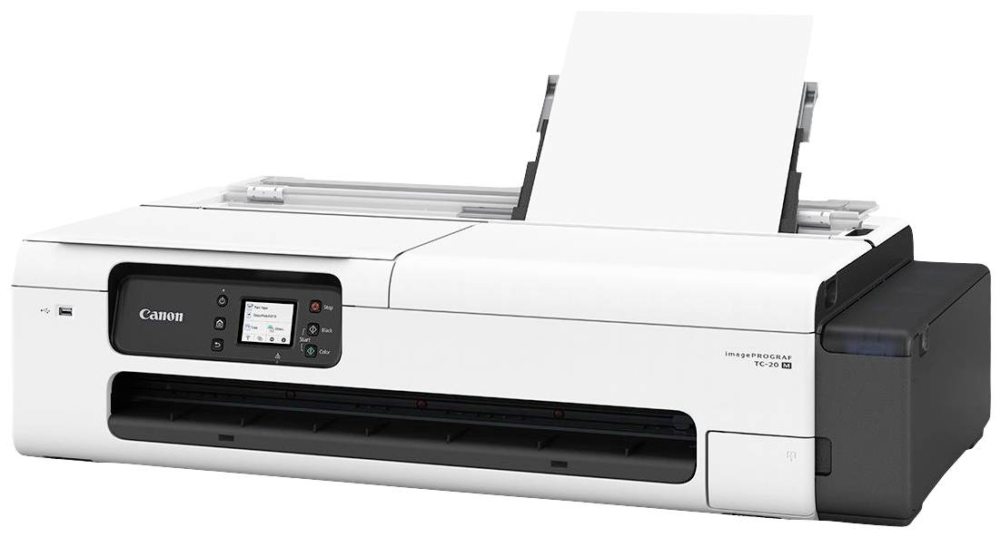 Ein weißer Tintenstrahldrucker mit einem Papierfach oben, hergestellt von Canon, geeignet für Großformatdrucke.