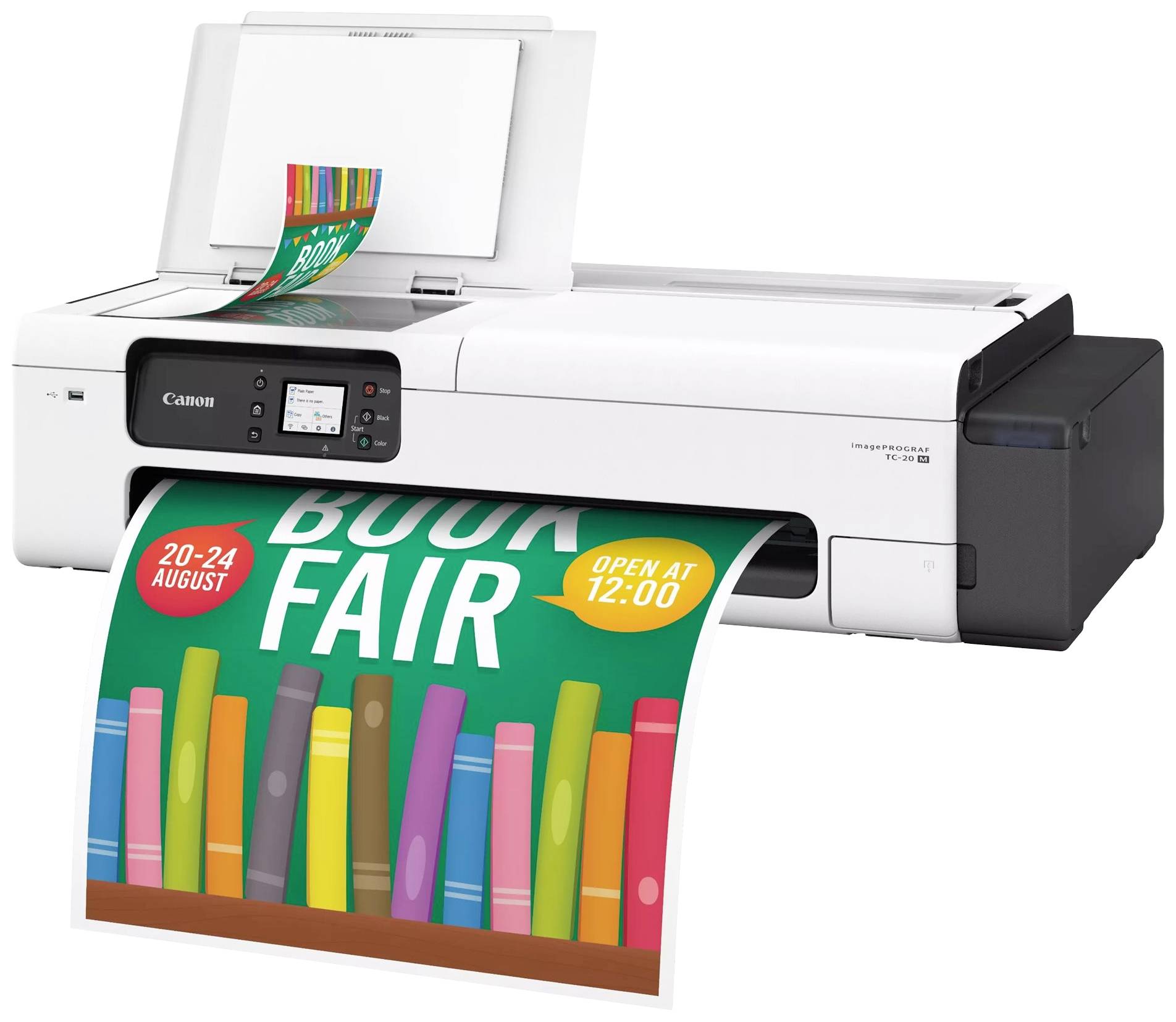 Drucker gibt ein Plakat aus mit der Aufschrift: 'BOOK FAIR, 20-24 August, Open at 12:00'. Bücher abgebildet im unteren Bereich.
