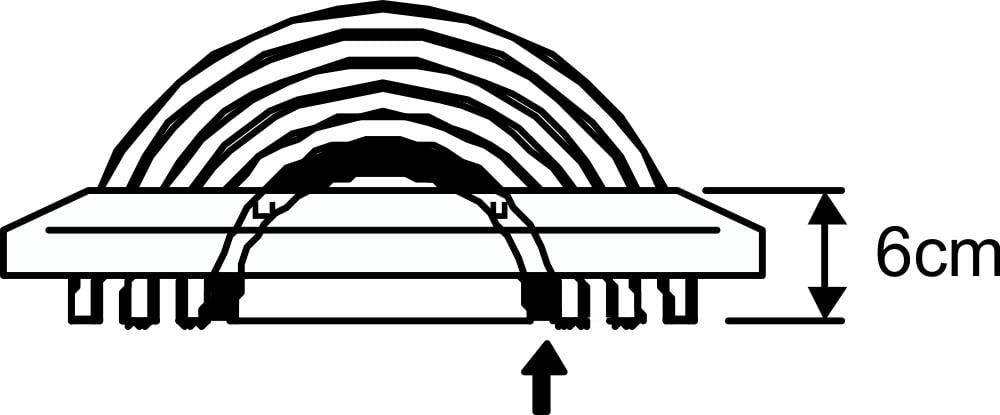 Querschnitt einer technischen Zeichnung mit einem gewölbten Objekt über einer Basis. Höhe des abgebildeten Teils ist 6 cm.