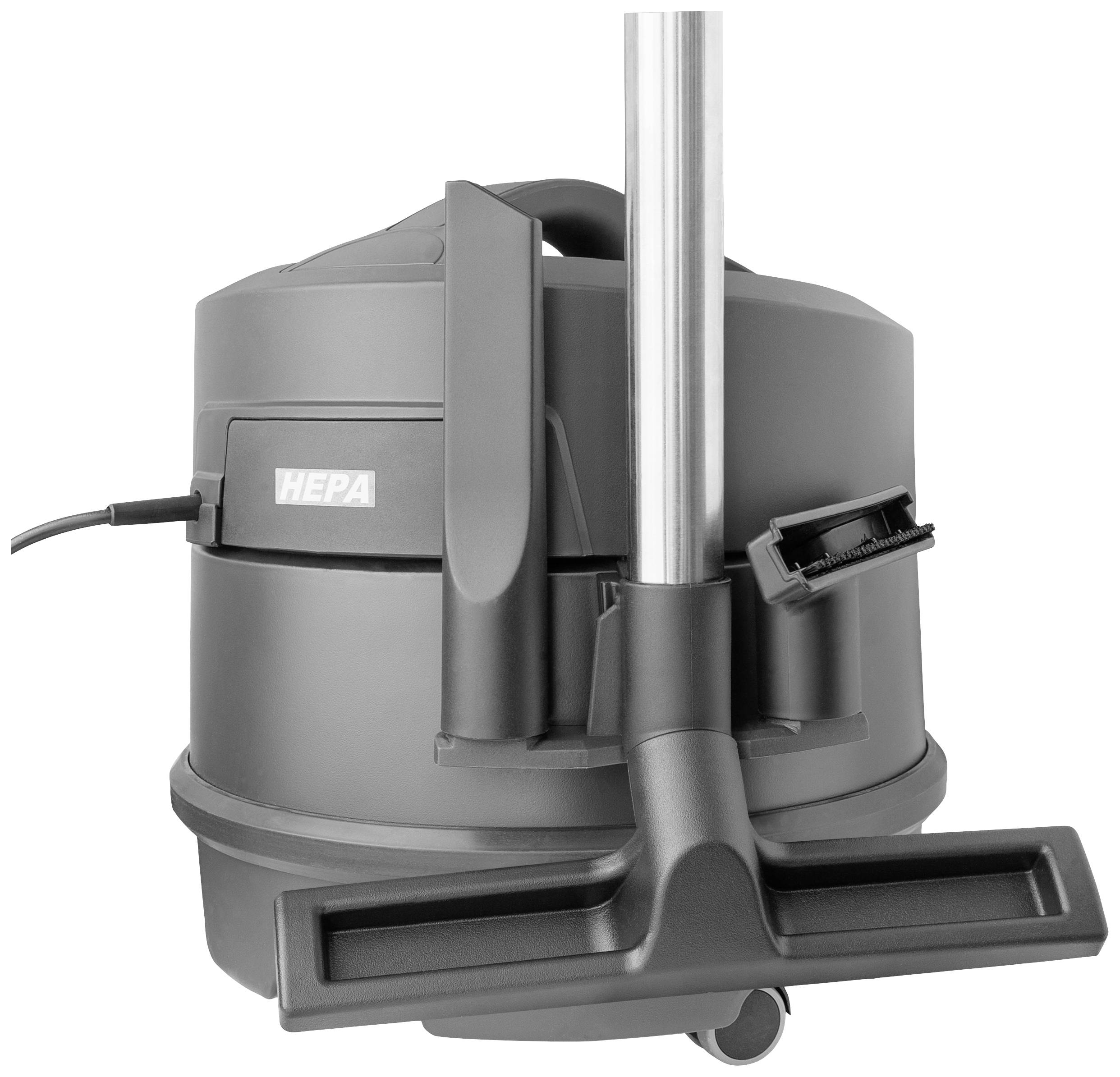 Staubsauger mit HEPA-Filter, inklusive Saugrohr und Bodendüse, seitliche Ansicht. Das Gerät ist kompakt und kabelgebunden.