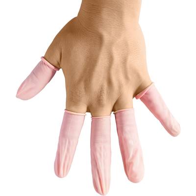 Eine Hand trägt rosa Fingerlinge auf allen Fingern, die den Schutz der Finger andeuten.
