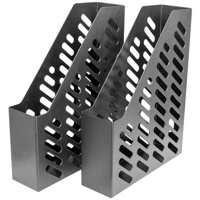 Zwei schwarze Zeitschriftenhalter aus Metall mit Rechteck- und Ovalausschnitten, stehen nebeneinander. Ideal zur Aufbewahrung.