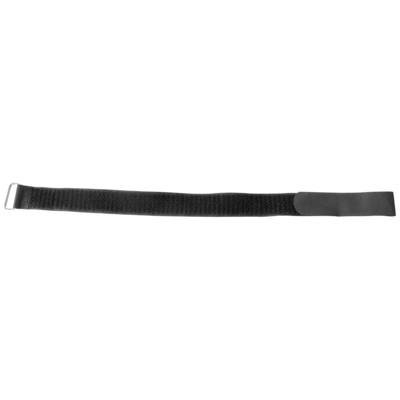 Ein schwarzes, elastisches Band mit Klettverschluss, vermutlich ein Kabelbinder oder ähnliches Produkt, liegt flach auf einer weißen Oberfläche.