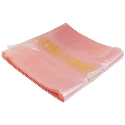 Ein Stapel rosafarbener Plastikbeutel liegt aufeinander. Die Beutel sind durchsichtig mit gelben Beschriftungen.