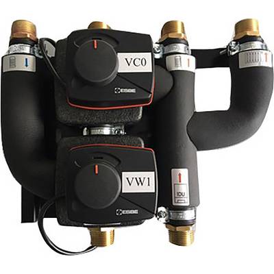 Heizungsmischer mit zwei Reglern, markiert mit 'VCO' und 'VW1', verbunden durch isolierte Rohre. Verwendet zur Steuerung von Wasserströmen.