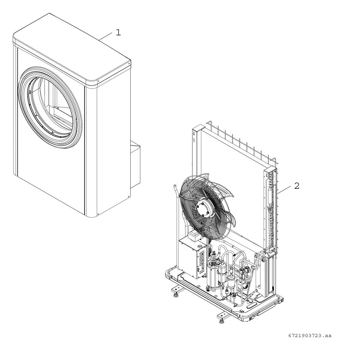 Zeichnung eines technischen Geräts mit Gehäuse (1) und einem geöffneten Blick auf innere Komponenten wie einen Ventilator (2).