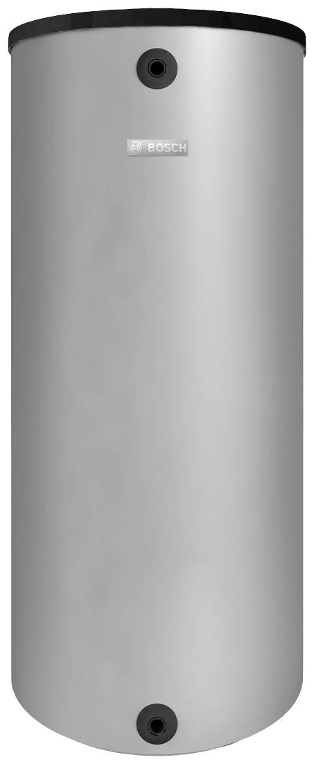 Ein silberner, zylindrischer Warmwasserspeicher mit einem Bosch-Logo in der Mitte.