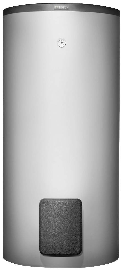 Grauer zylindrischer Warmwasserspeicher mit schwarzer Blende unten.