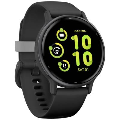 Schwarze Smartwatch mit kreisförmigem Display. Zeigt Uhrzeit '10:10' und Datum 'SAM 01'. Drei Piktogramme für Apps und Funktionen.