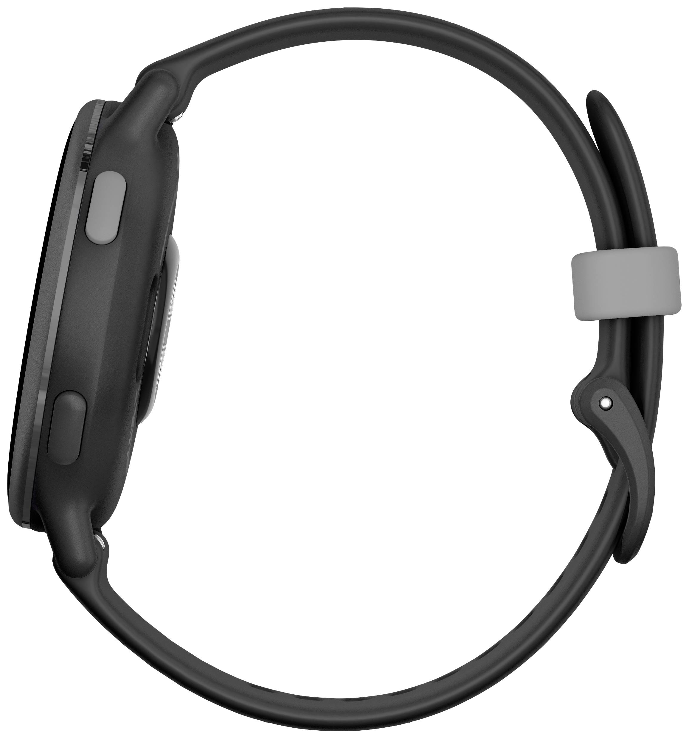 Schwarze Smartwatch in Seitenansicht; zeigt ein rundes Gehäuse mit zwei seitlichen Knöpfen und einem glatten Armband.