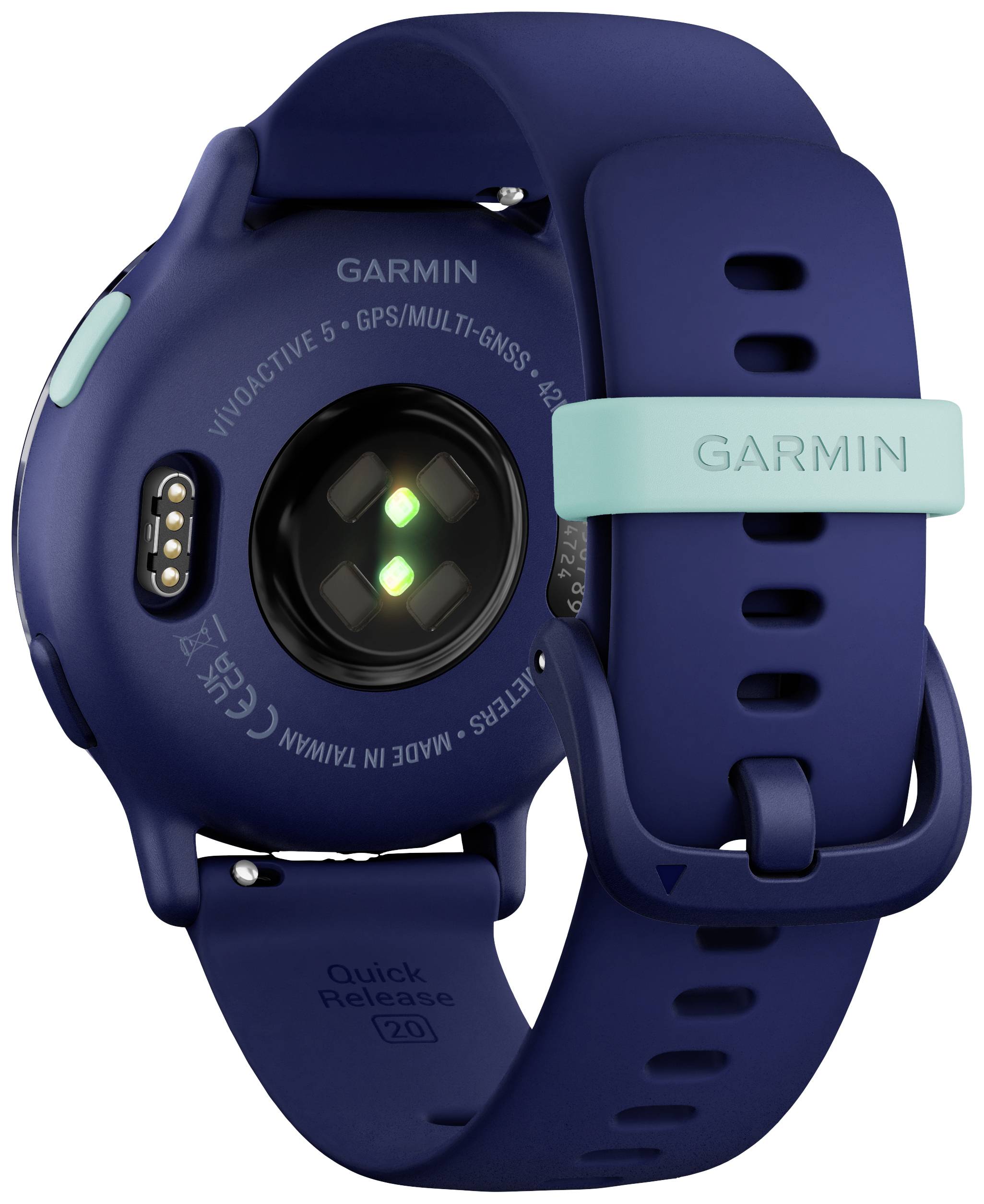 Blaues Garmin-Smartwatch-Armband mit Herzfrequenzsensor und 'Quick Release'-Feature auf der Rückseite. Hinweis auf GPS-Funktionalität.