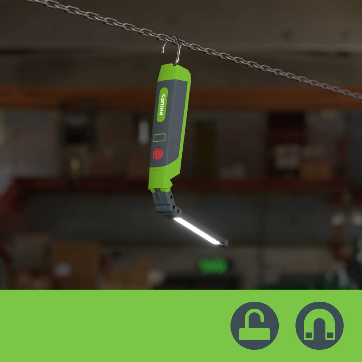 Hängende grüne LED-Arbeitsleuchte in Werkstatt.