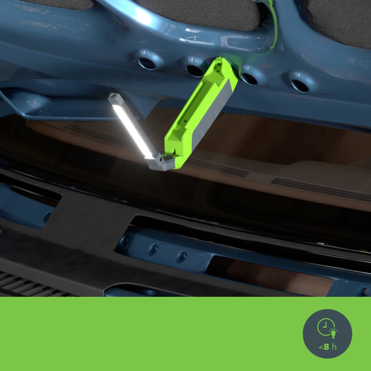 '8 h' steht auf einem grünen Hintergrund neben einem Licht im Auto.