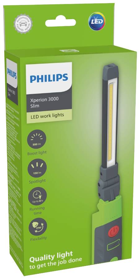 'Schachtel einer Philips Xperion 3000 Slim LED-Arbeitsleuchte in grün, mit Abbildungen und Funktionen wie Boost-Licht und Flexibilität.'