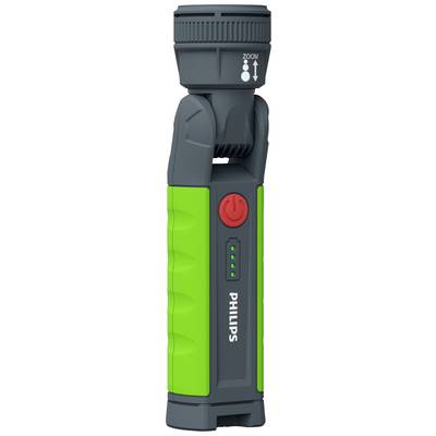 Eine grüne und schwarze Taschenlampe mit einem roten Einschaltknopf und einem Akku-LED-Indikator. Oben befindet sich ein Zoom-Symbol.