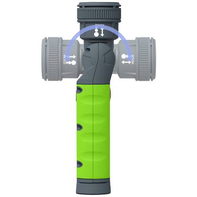 Eine grüne Taschenlampe mit verstellbarem Kopf, der in einem Winkel dreht und Zoomoptionen zeigt.