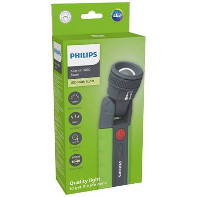 'Philips Xperion 3000 Zoom' LED-Arbeitsleuchte in grüner Verpackung mit 1000 lm, Zoom-Funktion und langer Laufzeit.