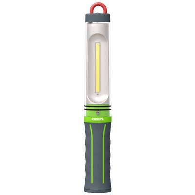 Eine tragbare LED-Arbeitslampe mit gelbem Leuchtstreifen, grünem Akzent und ergonomischem Griff, geeignet für handwerkliche Arbeiten.