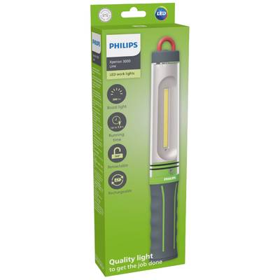 Philips Xperion 3000 LED-Arbeitsleuchte in grün-schwarzer Verpackung. Eigenschaften: Aufladbar, ausziehbar, mit Boost-Lichtfunktion.