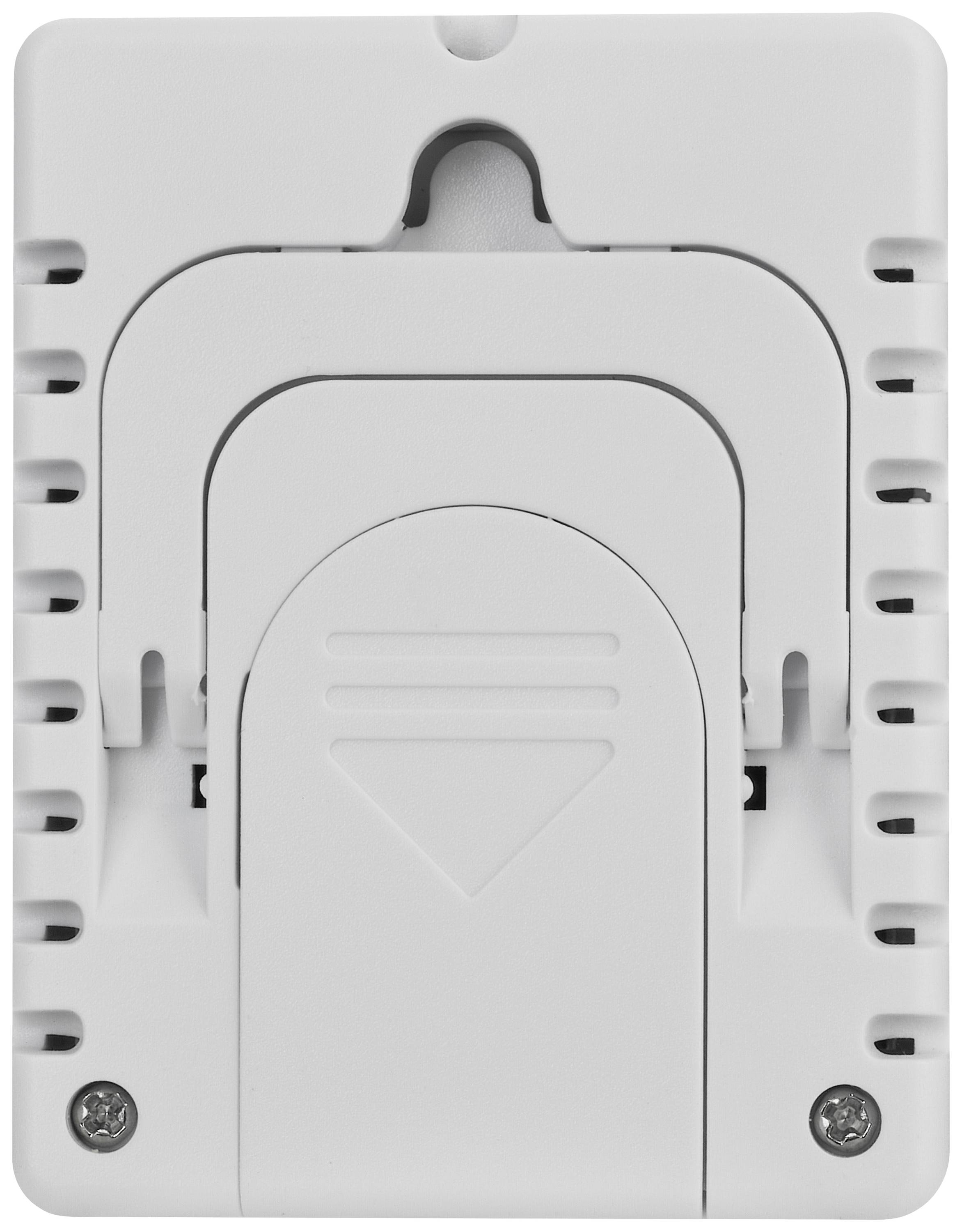 Die Rückseite eines weißen Gehäuses mit Schrauben an den Ecken und einem zentralen, vertikalen Schiebemechanismus.