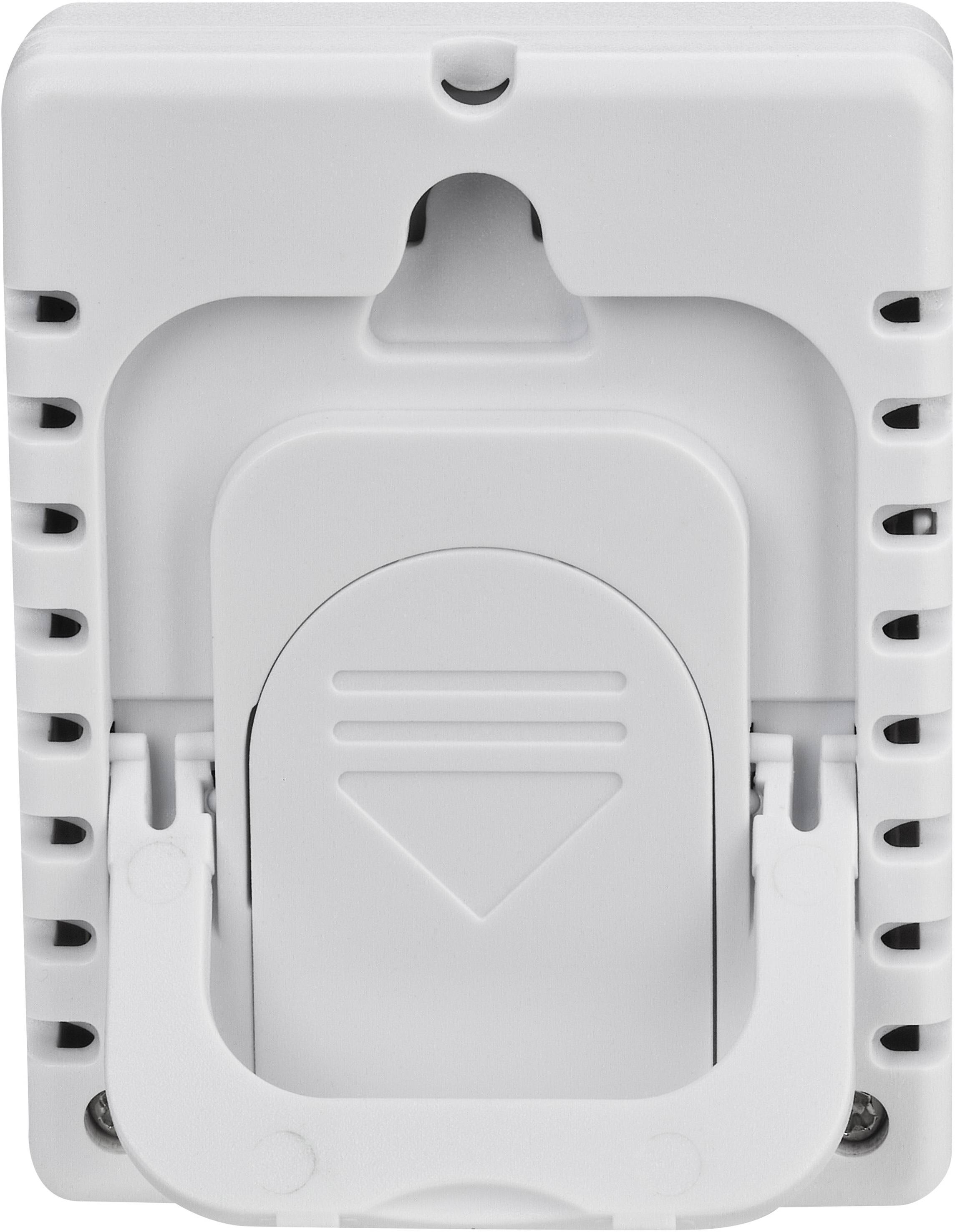 Ein weißer, rechteckiger Kunststoffhalter mit Aufhängeloch oben und Klappmechanismus in der Mitte.